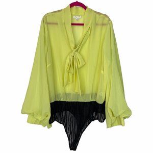 Joy & Ash Women's Green Yellow Long Sleeve Sheer V Neck Body Suit Size 2X